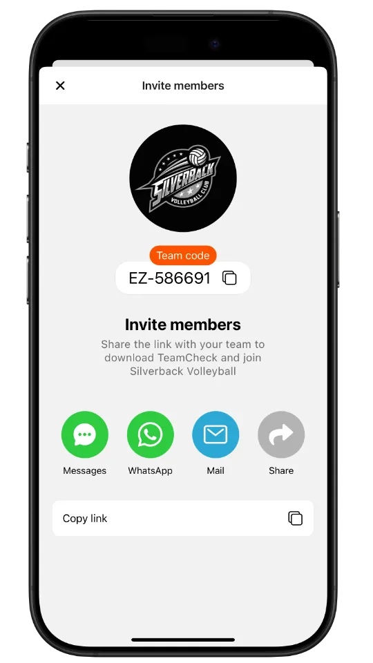 Inviting team members with a team code in Teamcheck
