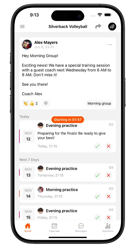 Teamcheck home screen with schedule and attendance