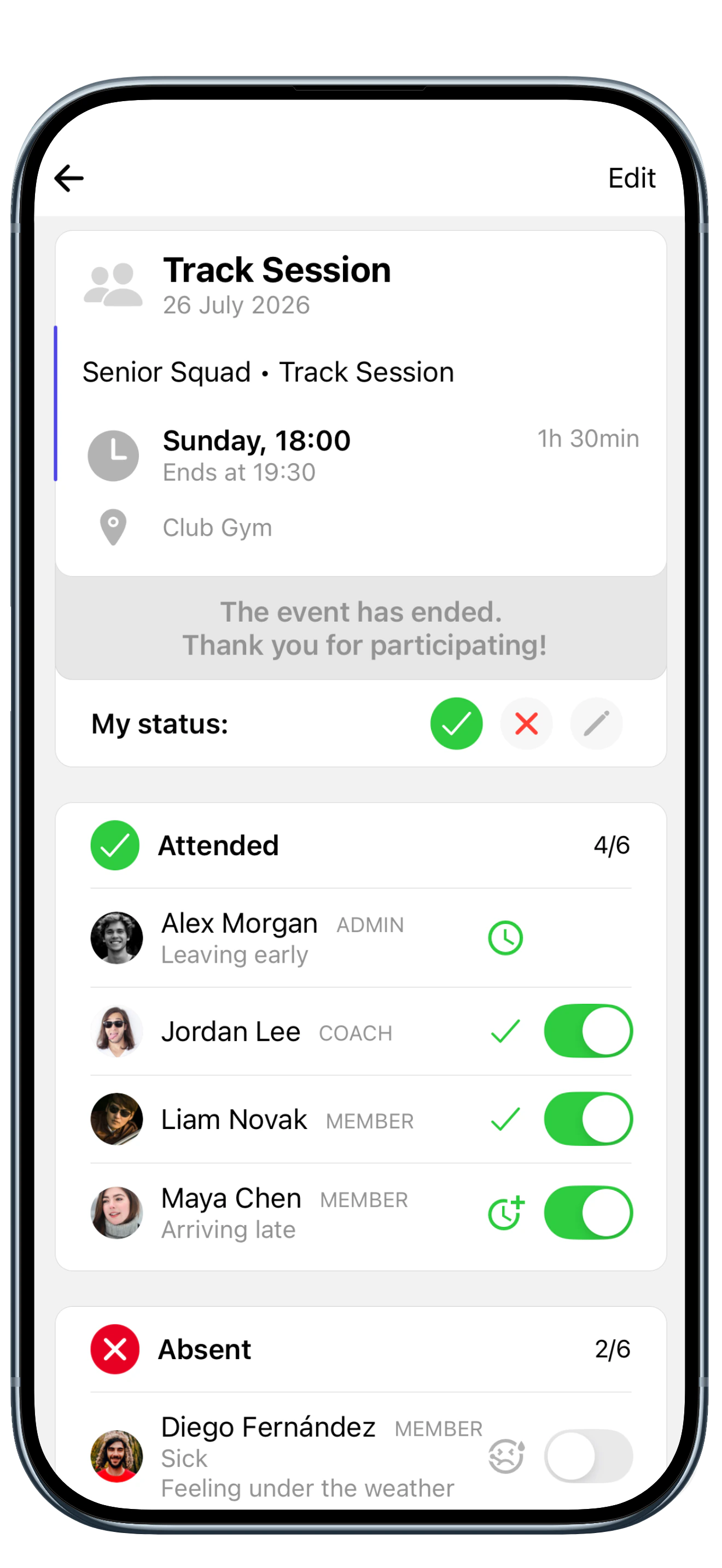 The TeamCheck attendance screen listing who attended a track session