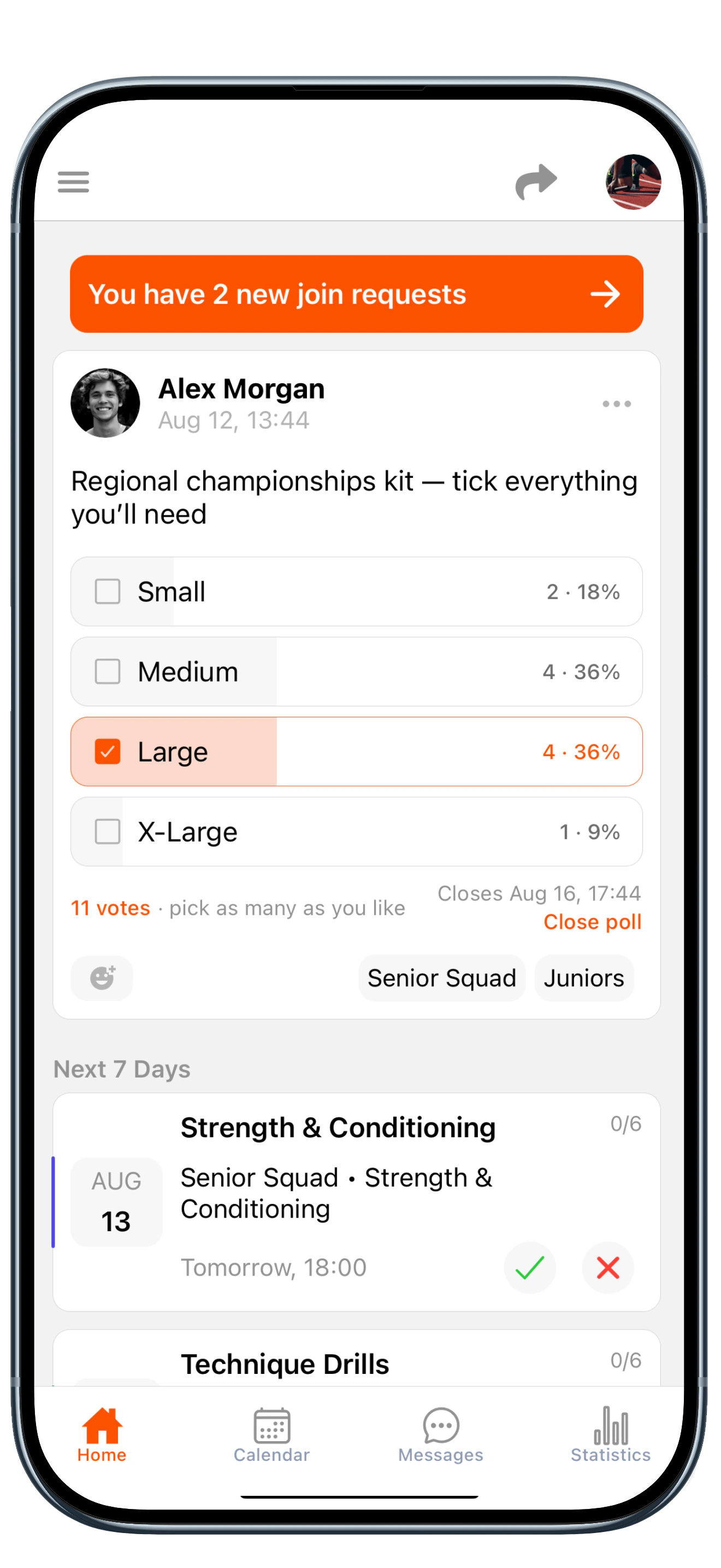 The TeamCheck home screen showing a team poll and the next seven days of sessions
